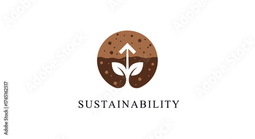 Sustainability Logo with Growing Plant and Arrow in Earth Circle.