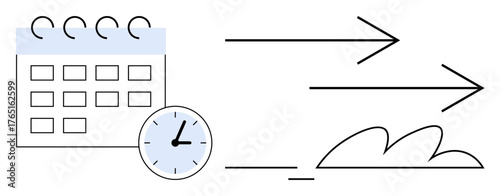 Calendar with clock and dynamic forward-moving arrows conveys planning, productivity, schedule management, progression. Ideal for planning, goal setting, deadlines, efficiency, workflow time