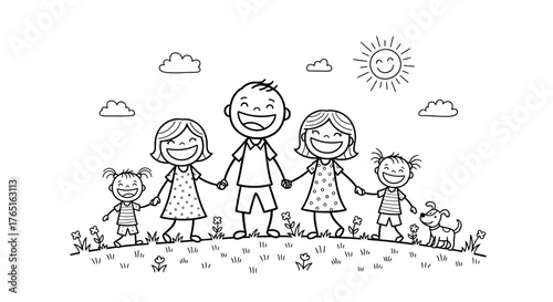 Happy Stick Figure Family Walking with Dog | Joyful Childhood Illustration