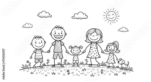 Happy Stick Figure Family Walking with Dog | Joyful Childhood Illustration