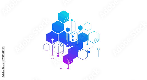 Abstract digital network of interconnected hexagonal shapes with gradient colors.