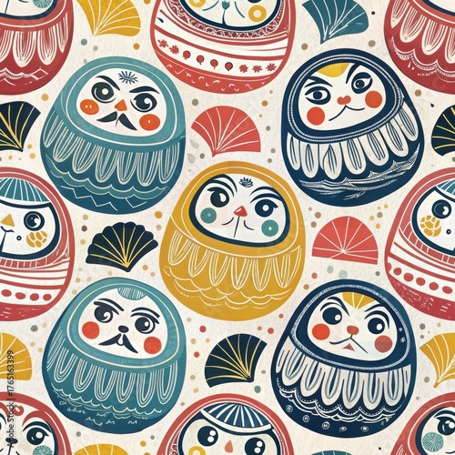 Seamless pattern featuring colorful Japanese Daruma dolls and traditional fan motifs on a textured background
