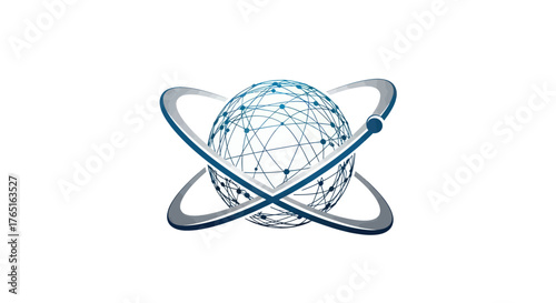 Abstract global network sphere with orbiting rings icon.