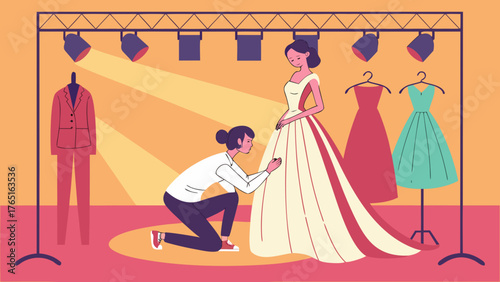 Backstage fashion show — dresser adjusts couture gown while designer consults model under warm studio lights