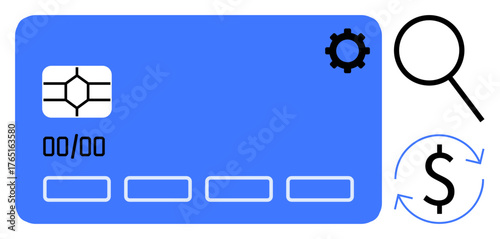 Blue payment card with EMV chip, cogwheel for settings, magnifying glass, and dollar sign with arrows symbolizing security, customization, search, currency exchange, and payment cycles. Ideal