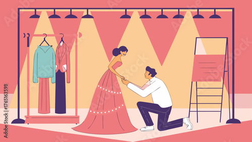 Backstage fashion show — dresser adjusts couture gown while designer consults model under warm studio 