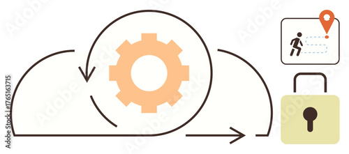 Gear within cloud surrounded by arrows, navigation map with location marker, and padlock. Ideal for technology, cloud storage, security, innovation, navigation, data protection process optimization