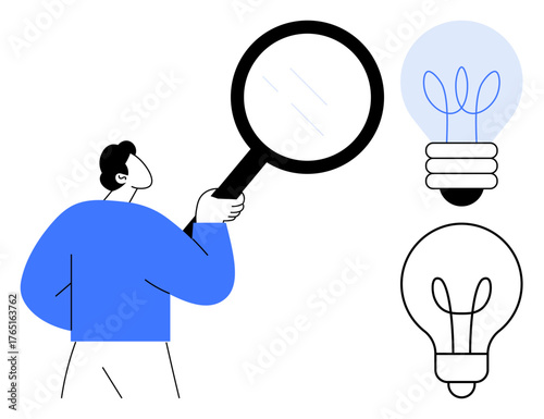 Person holding magnifying glass examining lightbulbs, representing creativity, ideas, problem-solving, and curiosity. Ideal for innovation, analysis, research, brainstorming critical thinking