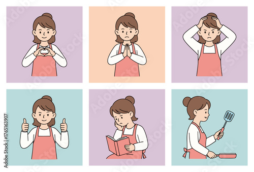Set of Cartoon Woman Character Poses and Emotions in Apron for Cooking