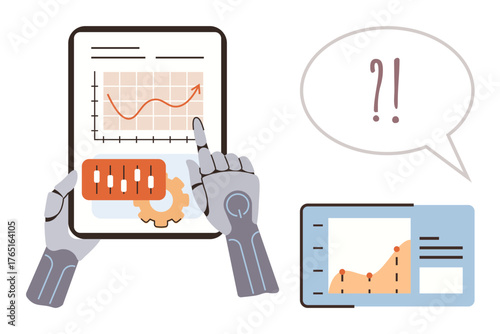 Robotics interpreting growth data charts on a tablet, digital panel displays, question bubble highlights uncertainty. Ideal for technology, AI analysis, decision-making, automation, data