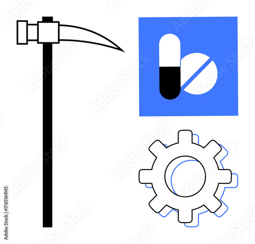 Hammer and sickle tool, pharmaceutical capsule and tablet icon, and mechanical gear. Ideal for technology, labor, medicine, engineering, industrial innovation mechanics and progress. Simple flat