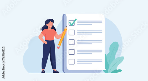 Woman with checklist and pencil marking a task as completed on a large sheet of paper.