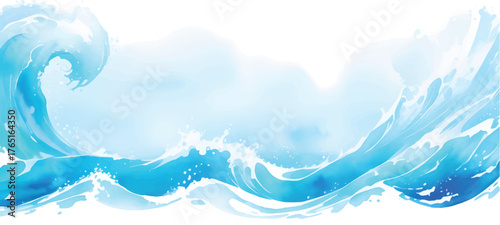 Abstract light blue background featuring bright, white summer clouds, wavy patterns, and a vast ocean or sky atmosphere