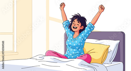 Woman stretching in bed after waking up in the morning.