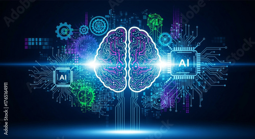Artificial intelligence brain with circuit board and ai chips, representing the concept of machine learning and neural networks in technology