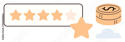 Five-star rating bar with partial highlights, a loose star, stack of golden coins, and cloud imagery. Ideal for feedback, review, rating, finance, success customer satisfaction and quality