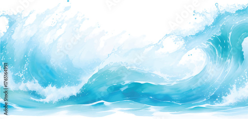 Beautiful bright blue ocean water wave under a white cloudy summer sky