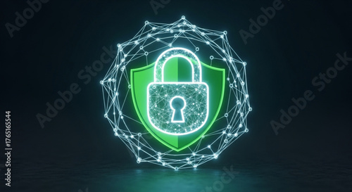 Green glowing padlock and shield surrounded by a network of connected dots, symbolizing data protection, cyber security, and secure communication