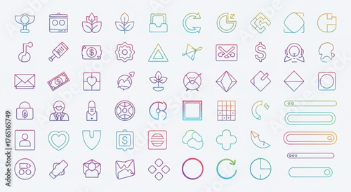 Collection of colorful outline icons, representing various concepts such as business, finance, and technology in a modern style
