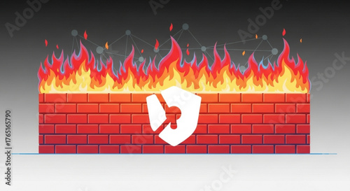 Firewall security concept showing a brick wall with a shield being attacked by fire, representing network security and protection from cyber attacks