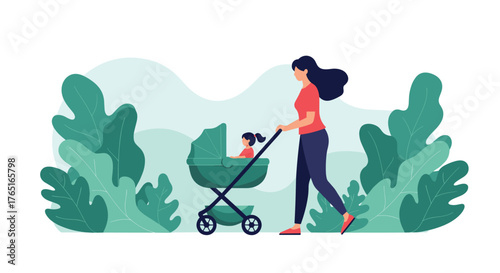 Mother and Child Strolling in the Park with Baby Carriage.
