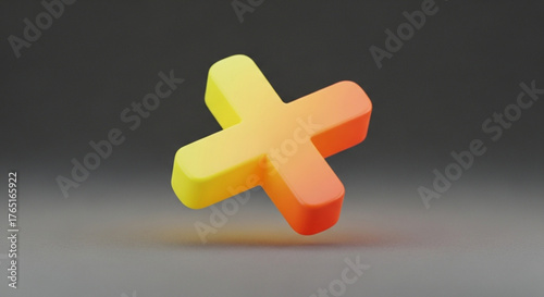 A vibrant 3d render of a plus sign, showcasing a gradient from yellow to orange, set against a dark gray background, symbolizing addition and positivity
