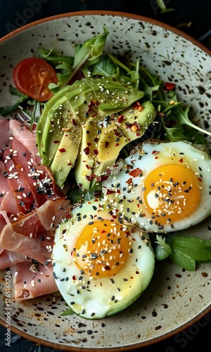 A visually appealing moment of healthy keto breakfast bowl with fried eggs avocado and prosciutto inspired.