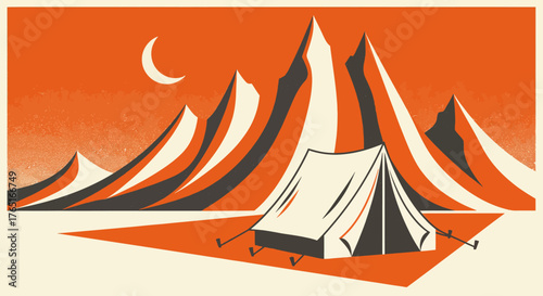Captivating Retro Vintage Camping Scene A serene outdoor adventure featuring a cozy tent nestled among majestic mountains under a crescent moon, showcasing a timeless evening landscape
