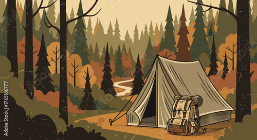 Retro Vintage Camping Scene Illustration with Tent and Backpack in Autumn Forest