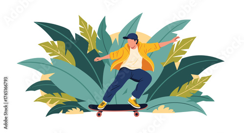 Skateboarder in motion with arms outstretched enjoying the ride.