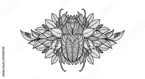 Intricate beetle illustration with detailed wings and leaf design.