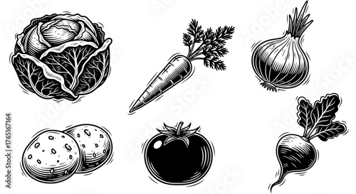A black and white illustration featuring a variety of vegetables including cabbage, carrot, onion, potatoes, tomato, and beetroot, rendered in a detailed, sketched style.