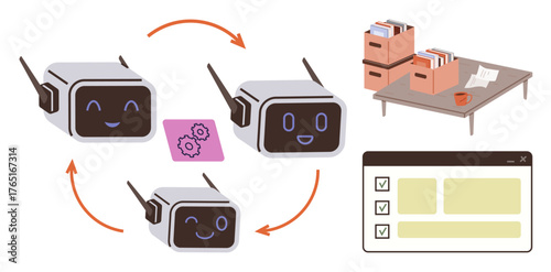Robots in circular workflow with file management on a desk and digital task checklist interface. Ideal for automation, AI, efficiency, productivity, organization, technology, simple flat metaphor