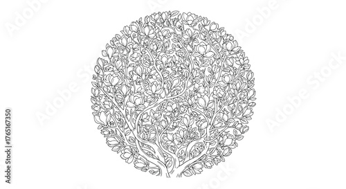 Intricate black and white illustration of a detailed tree of life.