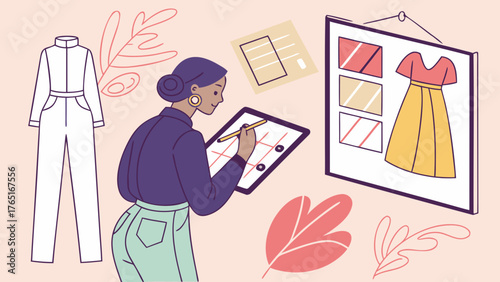 Fashion designer sketching runway looks on tablet with swatches and pastel mood board