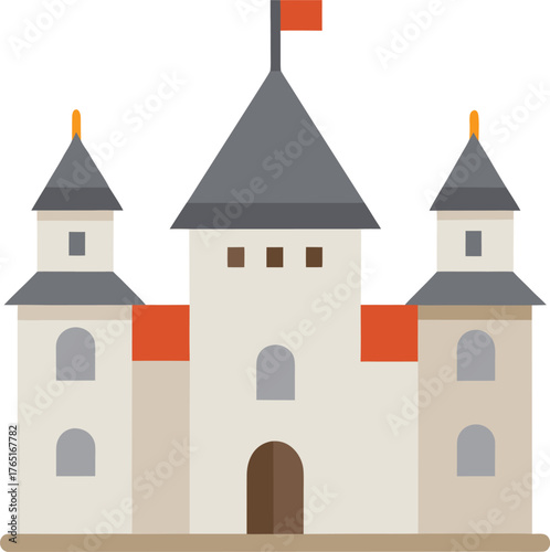 Grand Castle Fortress Illustration Stone Walls Towers and Red Flag Medieval Stronghold Flat Design on Transparent Background