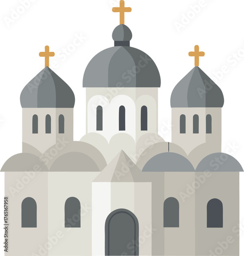 Ornate Orthodox Church Building Exterior Flat Design Eastern European Religious Architecture Temple Dome Icons Vector
