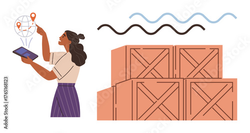 Woman interacting with tablet, tracking locations with a map, and stacked cargo boxes. Ideal for logistics, supply chain, technology, shipping, e-commerce business innovation. A simple flat