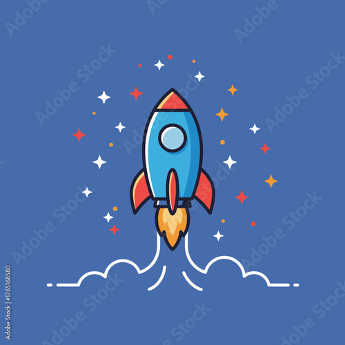 A vibrant cartoon rocket blasts off into space, leaving a trail of smoke and surrounded by sparkling stars against a deep blue background.