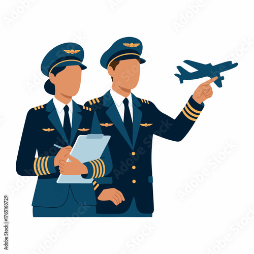 Two pilots in uniform one holding clipboard other pointing at airplane aviation captain.