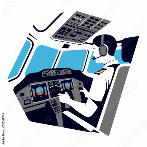 Silhouette of pilot in uniform inside airplane cockpit in flight travel.
