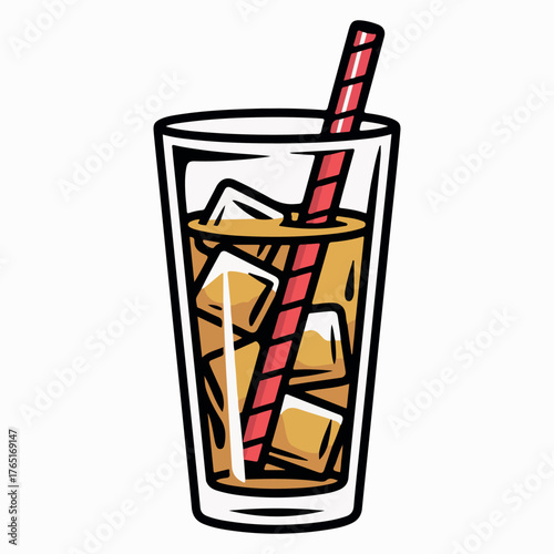 glass of cola with ice, Tall glass of iced tea with red striped straw and ice cubes drink beverage.