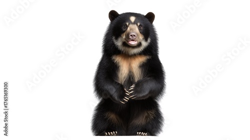 Spectacled bear, Tremarctos ornatus standing upright and smiling, isolated on white, cute wildlife