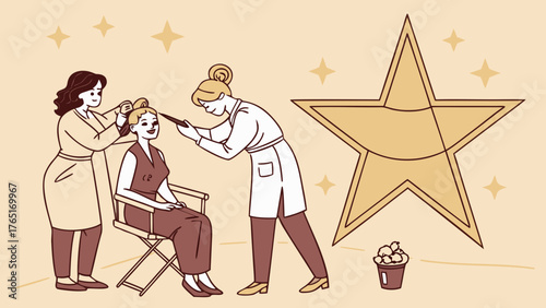 Glam squad preparing star for red carpet — makeup, hair and wardrobe in soft golden backstage light 