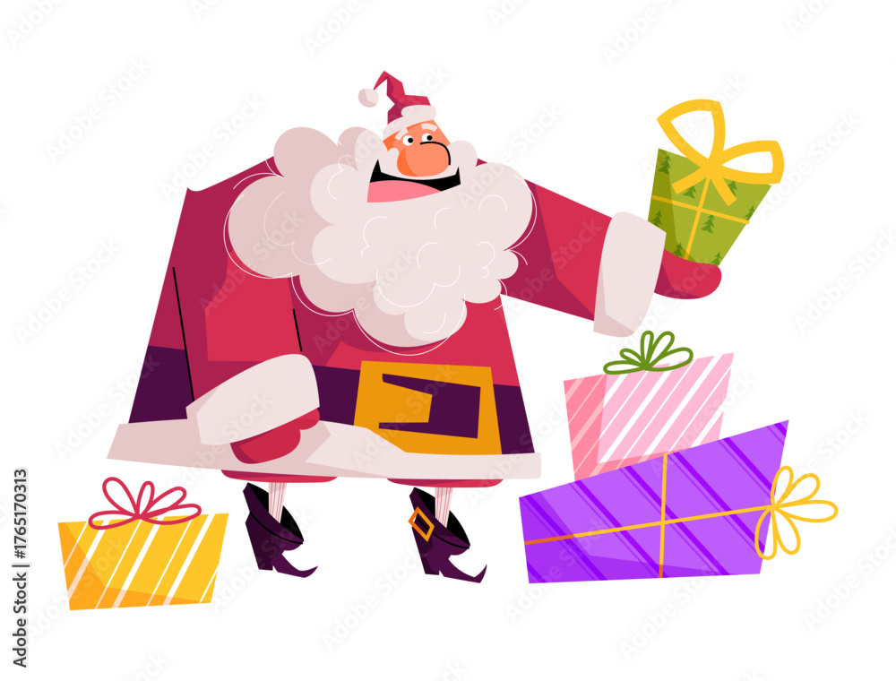 Obraz premium Vector illustration of cheerful Santa Claus holding a green gift box and standing near colorful presents. Festive Christmas composition for New Year cards, posters, ads, and holiday designs