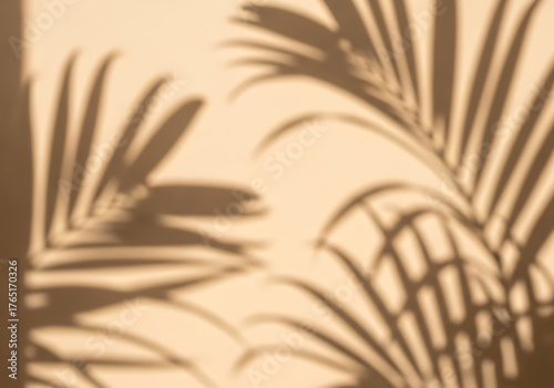 Top view of green tropical leaf shadow on sand color background. Flat lay. Minimal summer concept with palm tree leaf. Creative copyspace.