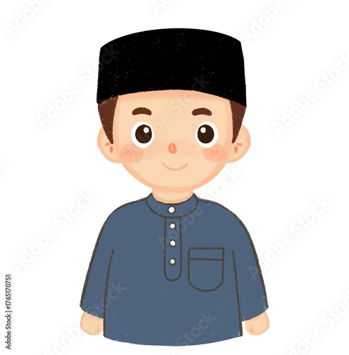 Illustration of a Muslim Boy Wearing a Traditional Black Cap and Blue Shirt, Smiling Charmingly