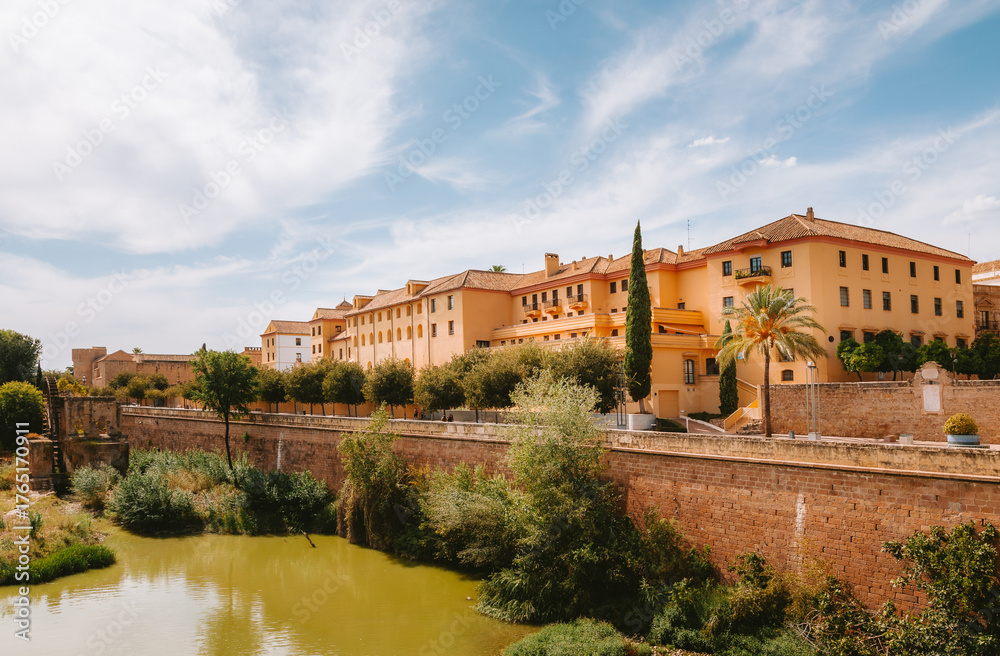 Fototapeta premium Warm hued terracotta roofs, palm trees and ancient walls line the Guadalquivir river in Cordoba, reflecting historic Moorish and medieval architecture under a sunny blue sky
