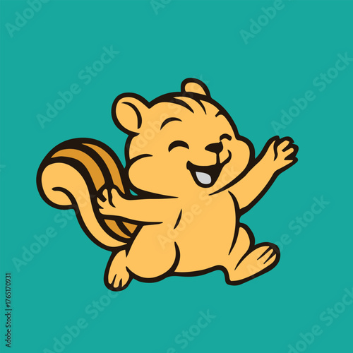 Colorful vector art sticker of a cheerful squirrel jumping with excitement, symbolizing happiness, liveliness, and the fun essence of cartoon style animal illustration.