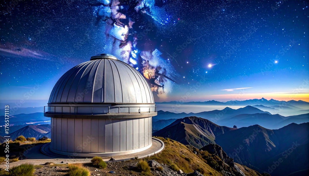 Obraz premium Star Gazing Modern Astronomical Observatory Dome on a Remote Mountain Peak Under a Clear Night Sky.